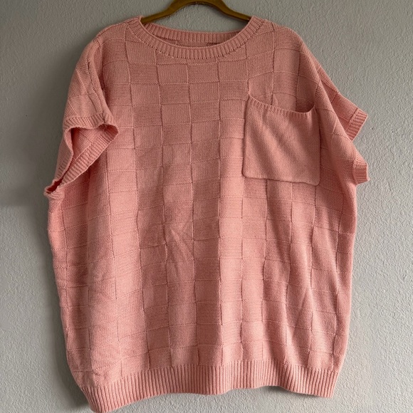 None Tops - Pink 4XL Basket Weave Texture Checkerboard Knit Short Sleeve Boxy Sweater Boho